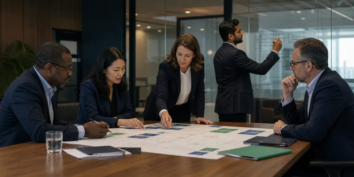 Aaronvio consultants reviewing a governance dashboard with a client team