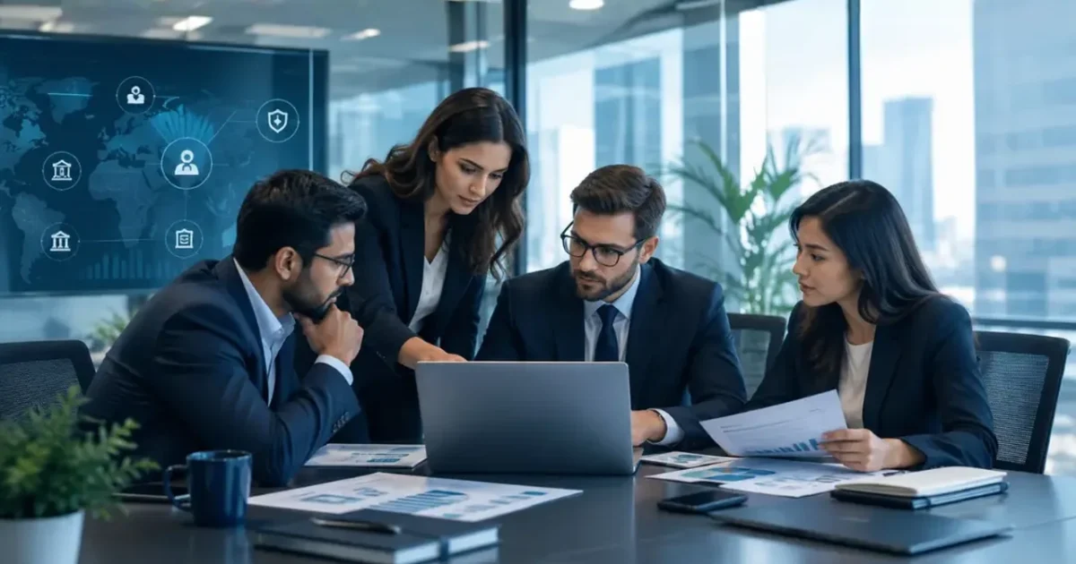 A leadership team reviewing reports and a laptop together around a boardroom table